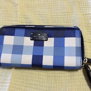 kate spade Blue & White Check Zip Around Wallet